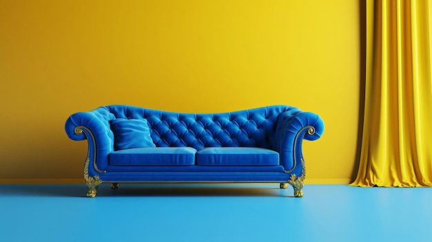Un sofá azul en una habitación amarilla con fondo azul.