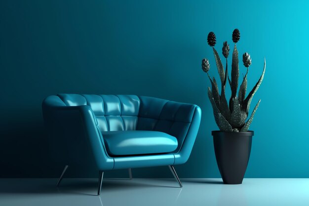 Un sofá azul en una habitación con una planta.