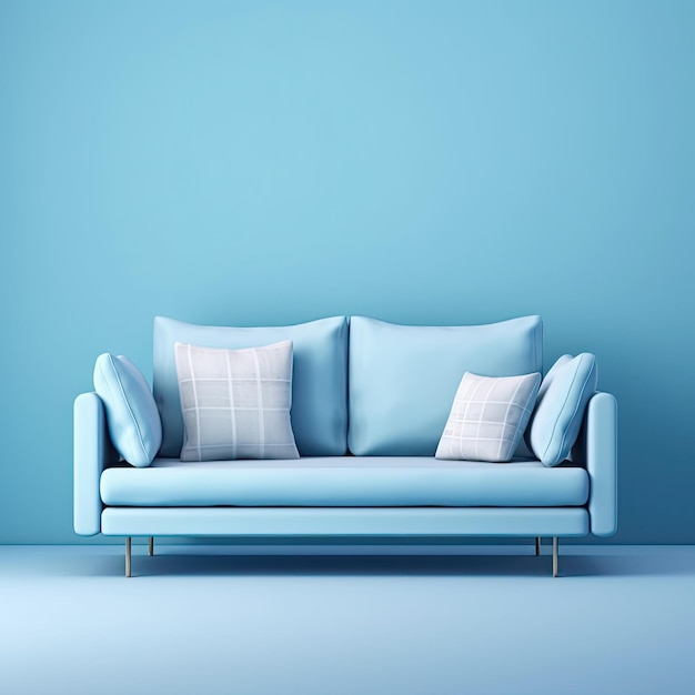Sofá azul macio sobre fundo azul com luz brilhante