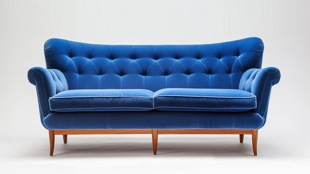 Un sofá azul con un marco de madera y un sofá azul contra una pared blanca
