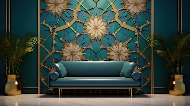 Sofa azul na sala de estar moderna com padrão dourado