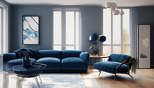 Sofá azul oscuro y sillón reclinable en apartamento escandinavo Diseño interior de sala de estar moderna