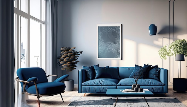 Sofá azul oscuro y sillón reclinable en apartamento escandinavo Diseño interior de sala de estar moderna