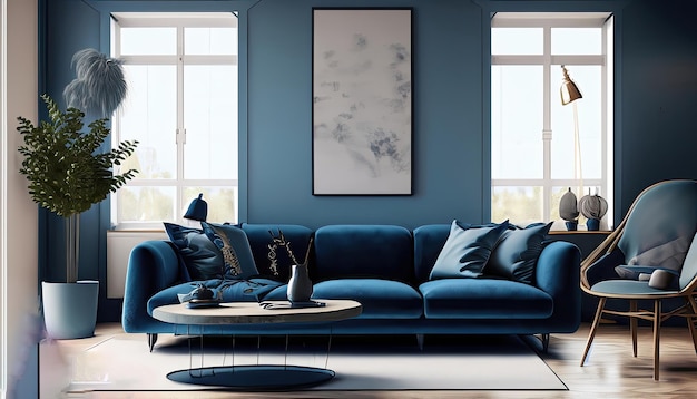 Sofá azul oscuro y sillón reclinable en apartamento escandinavo Diseño interior de sala de estar moderna
