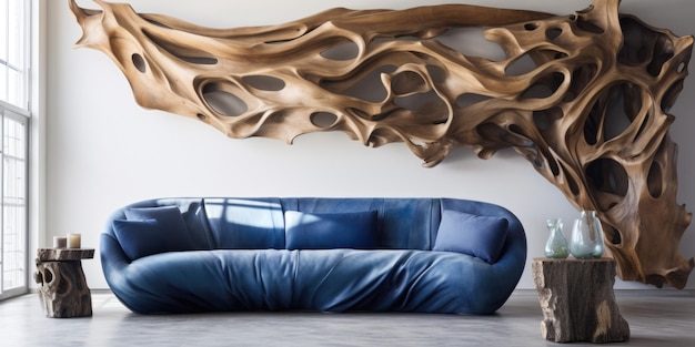 Sofa azul rústico perto da parede branca com painéis de escultura de raiz de madeira maciça abstrata Interior ecológico