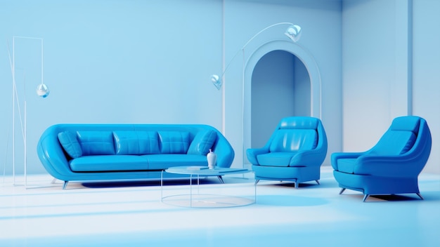 Sofa azul en la sala de estar 3d con fondo azul