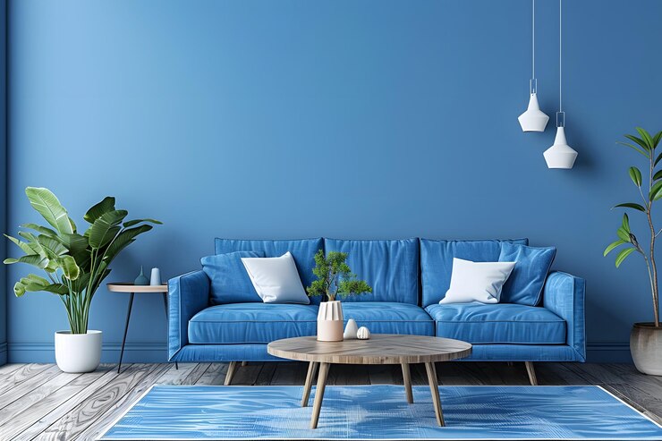 Un sofá azul en una sala de estar con una alfombra
