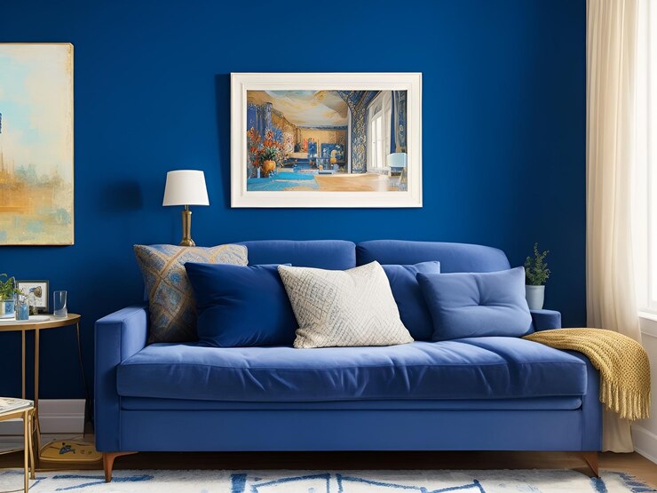 Un sofá azul con un sofá azul y una pintura en la pared.
