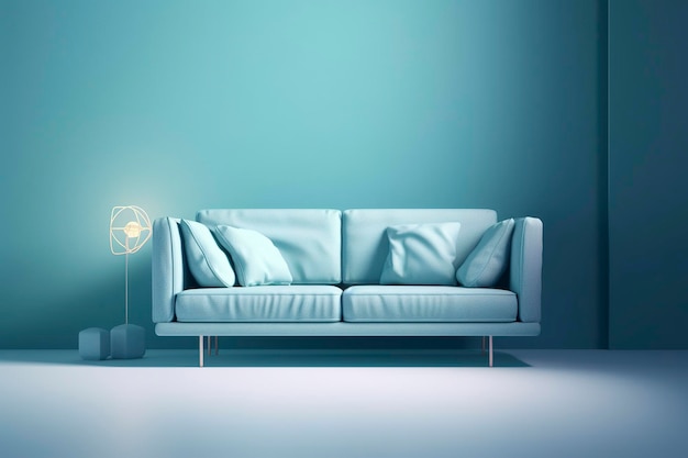 Sofá azul suave sobre un fondo azul Ilustración en 3D Detalle interior de la sala de estar minimalista moderna Acogida redes sociales y concepto de venta idea de publicidad creativa Imagen generada por IA