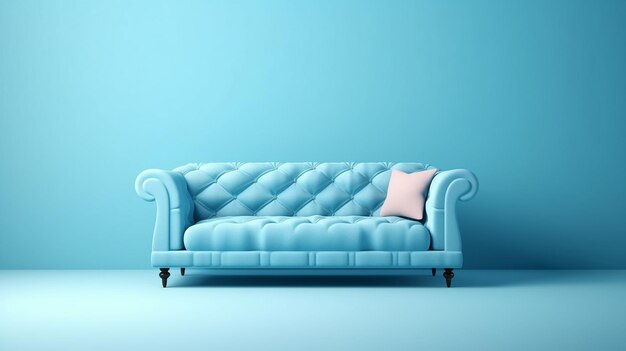 Sofá azul suave sobre fondo azul Ilustración 3D Imagen generada por IA Moderna sala de estar minimalista