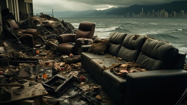 un sofá y basura en una playa