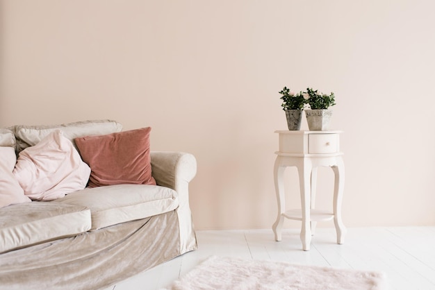 Sofá bege com almofadas rosa t planta de casa em vaso na mesa de cabeceira