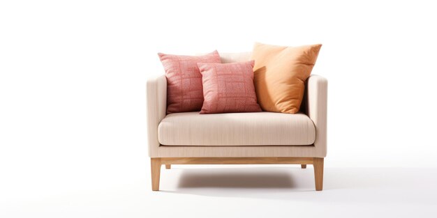 Sofa bege de assento único com almofada em fundo branco ângulo separado