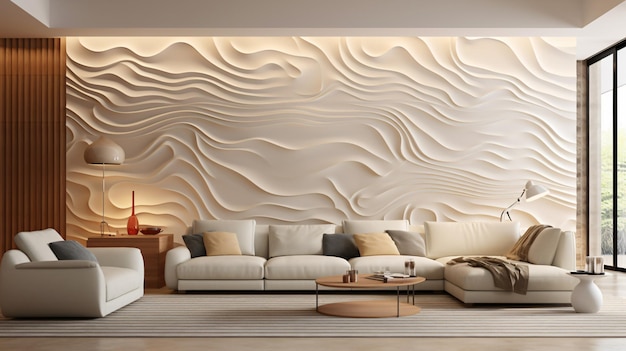 Sofa bege e decoração de parede de painel 3D decorativa abstrata