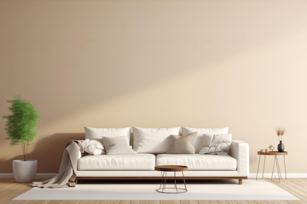 Sofá bege no interior minimalista da sala de estar contemporânea em cores neutras