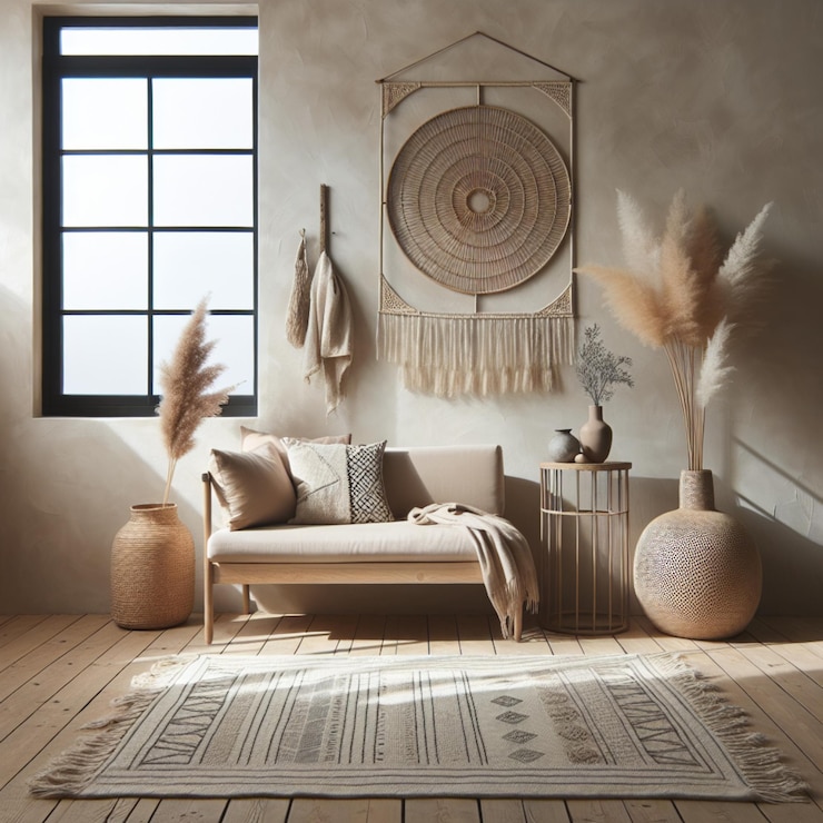 Sofa beige con ventana de cuadrícula contra pared de estuco diseño interior de sala de estar Boho minimalista
