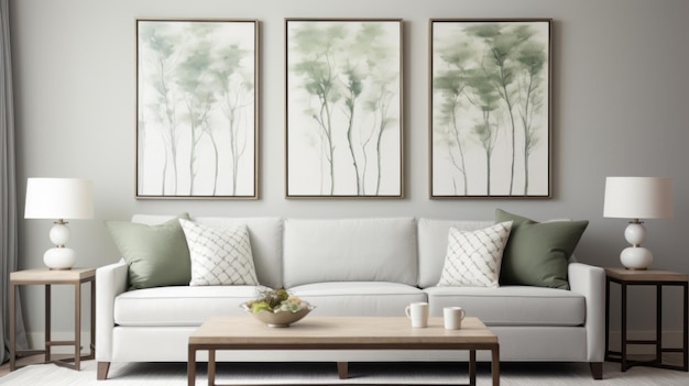 Sofa blanca de árboles etéreos con arte de pared con estampado verde