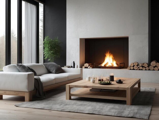 Sofa blanca con manta y mesa de café de madera contra la chimenea con pila de leña