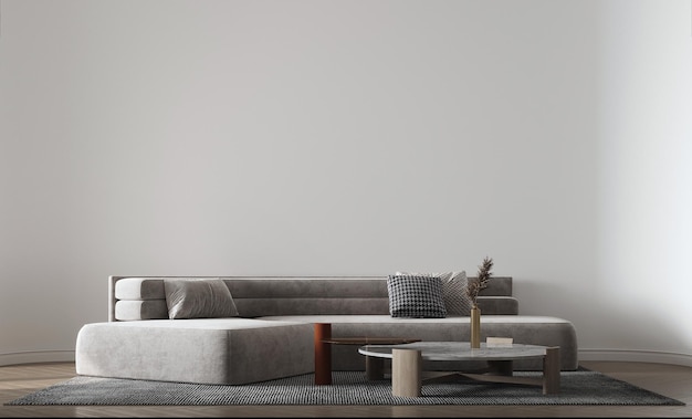Sofa blanca y mesa de café negra contra el fondo de la pared curva blanca hogar boho escandinavo