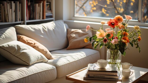 un sofá blanco con una almohada y un jarrón de flores en él