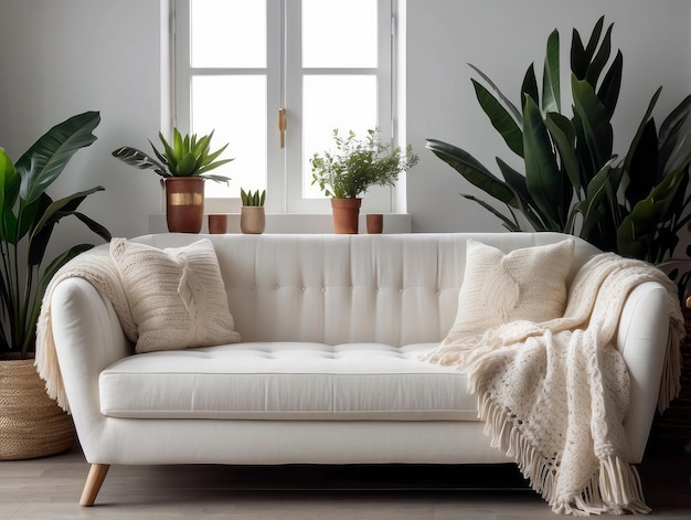 Sofá blanco con almohadas con franjas y manta de punto Diseño interior de casa Boho de sala de estar moderna