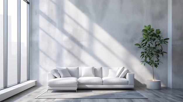 Foto sofá blanco elegante en un interior moderno y ligero con ventana y planta en olla perfecta para la puesta en escena del producto