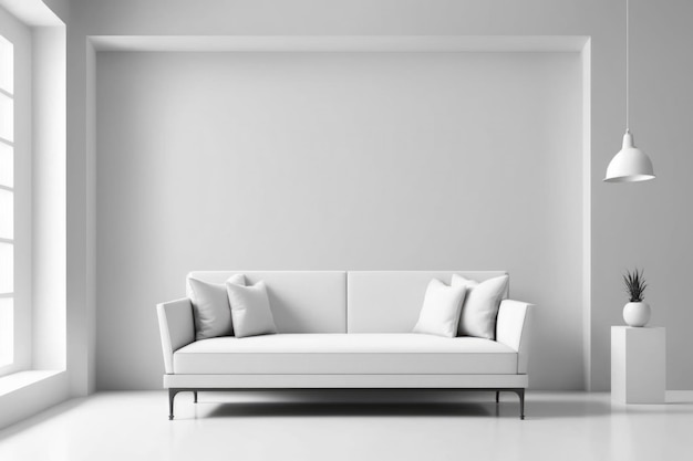 Un sofá blanco en una habitación blanca con una pared blanca detrás.