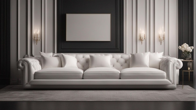Foto un sofá blanco hiperrealista con fondo de pared negra de 8k