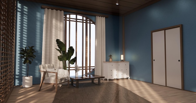 Sofá blanco japonés en la habitación azul Japón diseño tropical y suelo de tatami Representación 3D