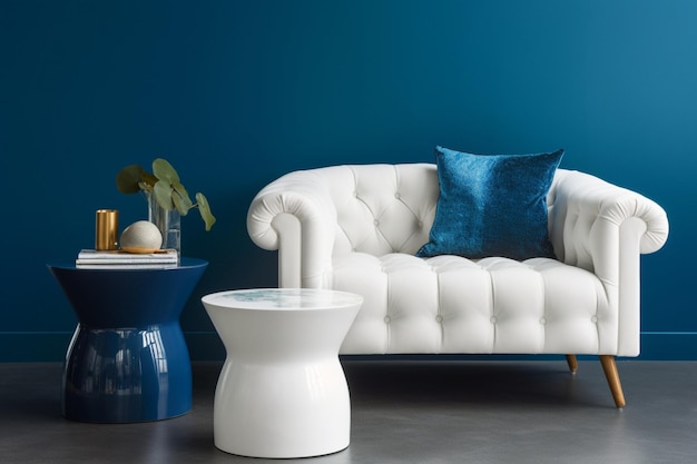 Sofá blanco y mesa de vidrio contra la pared azul