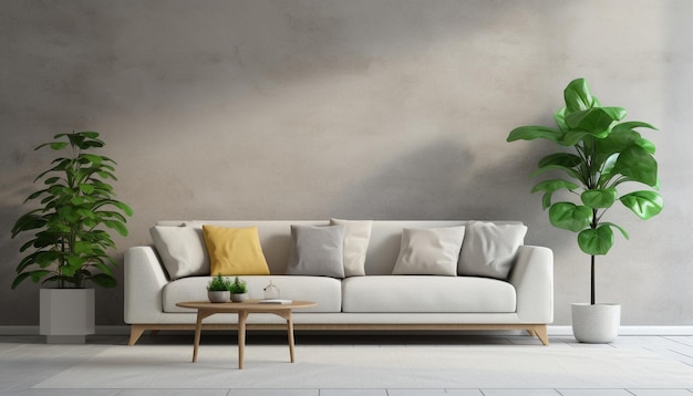 un sofá blanco con una planta verde en la esquina de la habitación