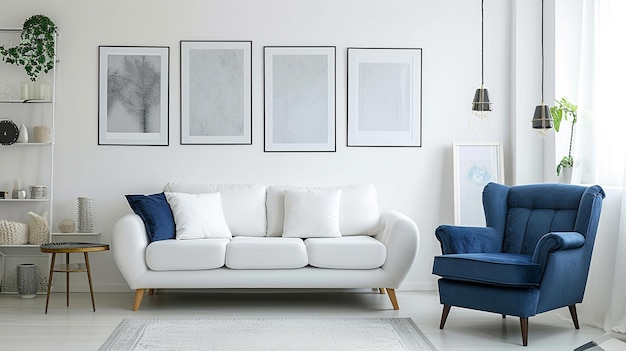 Sofá blanco y sillón azul en la sala de estar con carteles en la pared Generativo Ai