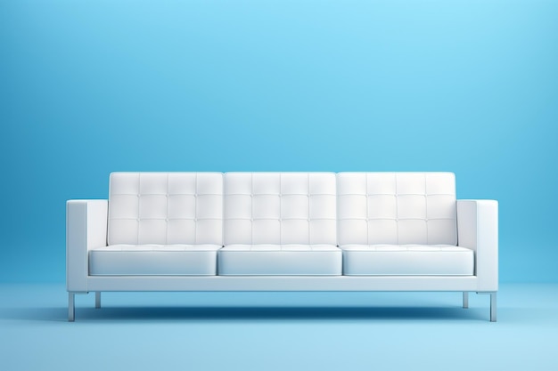 Sofá blanco de tres asientos aislado sobre fondo azul vista frontal de muebles con reposabrazos 3D