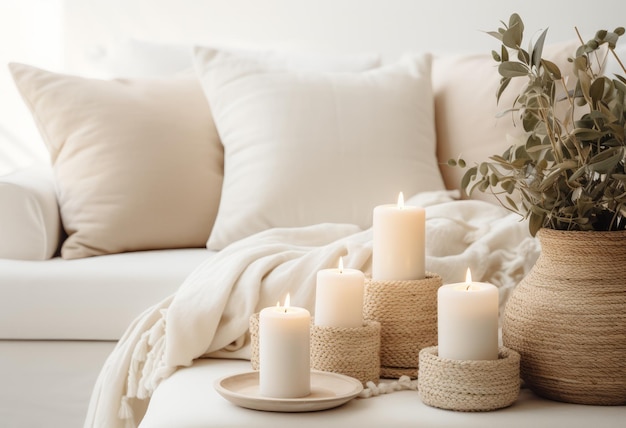 sofá blanco con velas y ollas