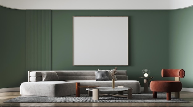 Foto sofa branca e mesa de café de mármore contra parede verde com cartaz de arte casa boho escandinava