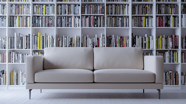 Sofa branca na frente de uma estante de livros