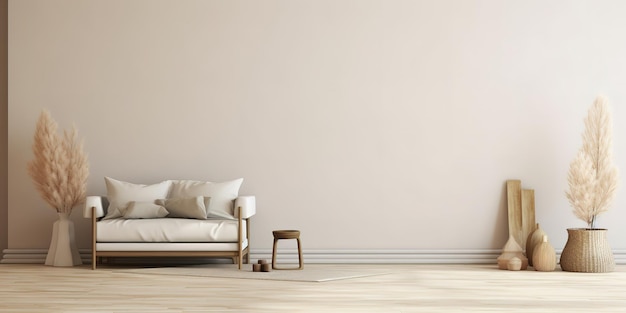 sofá branco com um estilo de fundo minimalista de castanho claro e creme