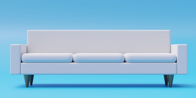 Sofá branco de três lugares isolado em fundo azul Vista frontal da mobília com renderização 3d do apoio de braço
