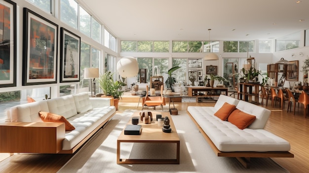 Sofá branco e cinza e poltrona de couro com mesa de revistas e uma grande lareira de designer em um apartamento estilo loft com sala de estar e paredes de tijolos renderização em 3D