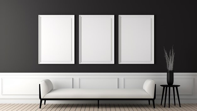 Foto sofá branco em uma sala preta com três quadros em branco ai generativo