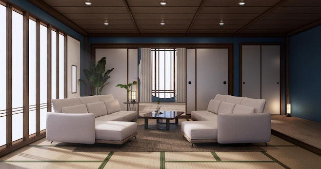 Sofá branco japonês na sala azul japão tropical desing e tatami mat floor3D rendering