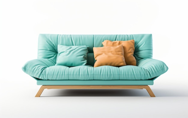 Un sofá y una cama elegantes de primer plano sobre un fondo blanco