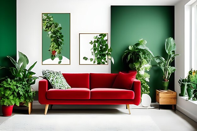 Un sofá carmesí y una mesa de café Plantas en maceta Tema de color verde