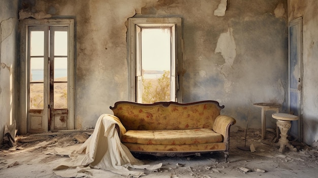 Un sofá en una casa abandonada con la palabra "la palabra".