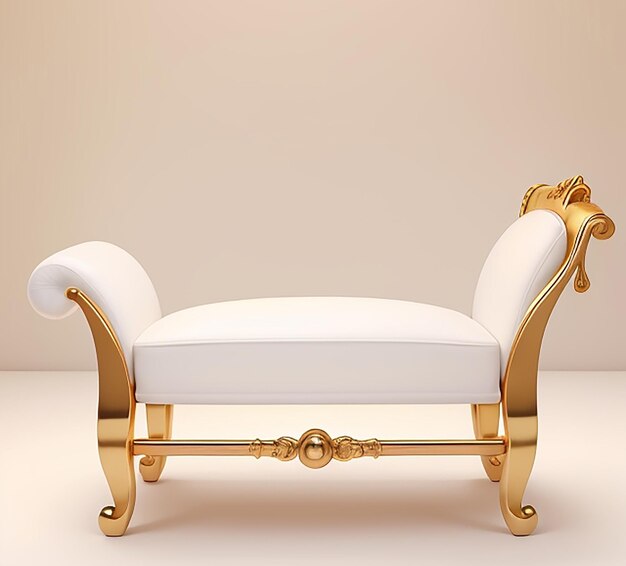 Sofá chaise longue de painel branco com botão dourado sobre fundo branco