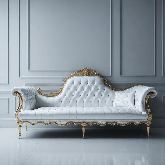 Sofá chaise longue de painel branco com botão dourado sobre fundo branco