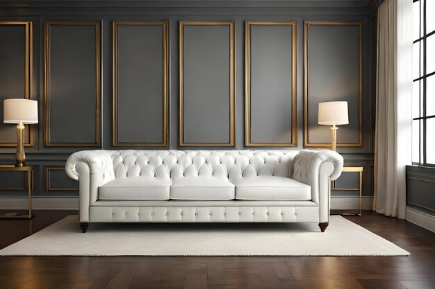 sofá Chesterfield de couro branco em uma sala de estar de interior barroco elegante