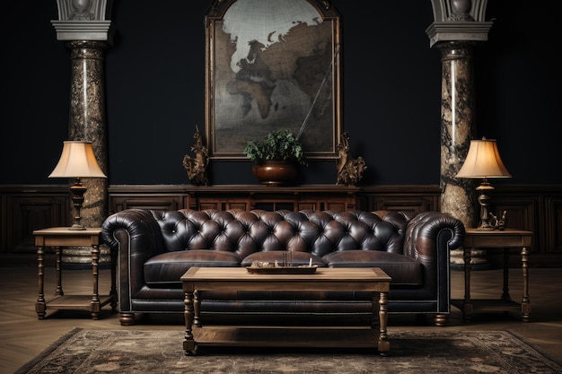 Sofá Chesterfield en negro antiguo al estilo barroco. Iluminación espectacular generada por ai.