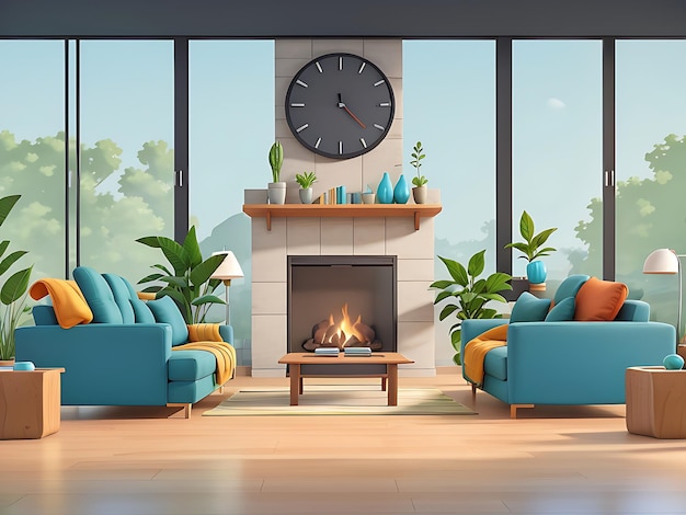 Sofá, chimenea y ventana, salón moderno, interior de salón vacío con sofá