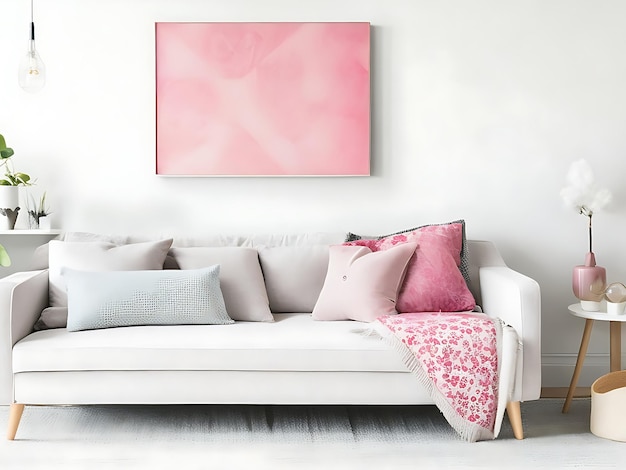 Sofa cinza com travesseiros cor-de-rosa e cobertor contra parede branca com cartaz de arte abstrata Design de interiores